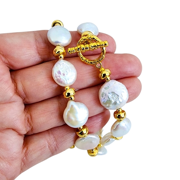 Coin Pearl Necklace Gold Accent Beads Toggle Clasp A0369 Q7 - Picture 2 of 15